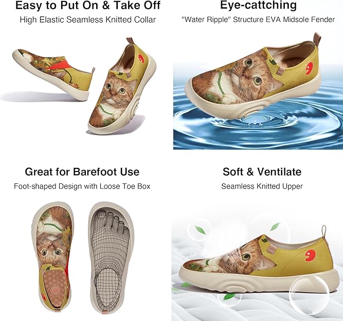 FatCatArt Collaboration Women's Slip Ons Walking Casual Loafers Comfortable Art Painted Travel Shoes Lightweight Sneaker