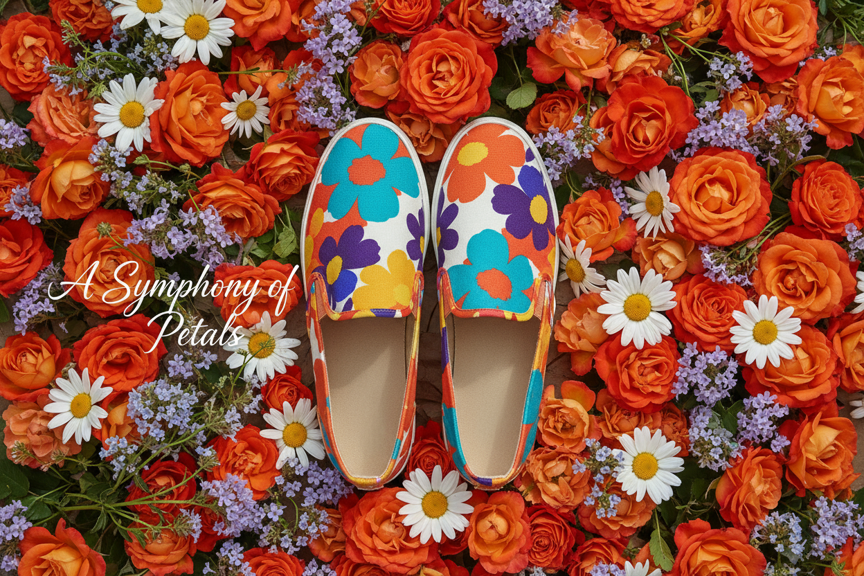 A vibrant, artistic flat-lay composition featuring a colorful floral-themed slip-on shoe placed amidst a lush bed of blooming orange roses, white daisies, and light purple flowers. The shoe design displays bold, abstract flower patterns in bright shades of orange, yellow, turquoise, and purple, harmonizing with the surrounding blossoms. Soft natural lighting enhances the vivid colors and textures. The text “A Symphony of Petals” appears elegantly on the left side, blending seamlessly with the floral backgro
